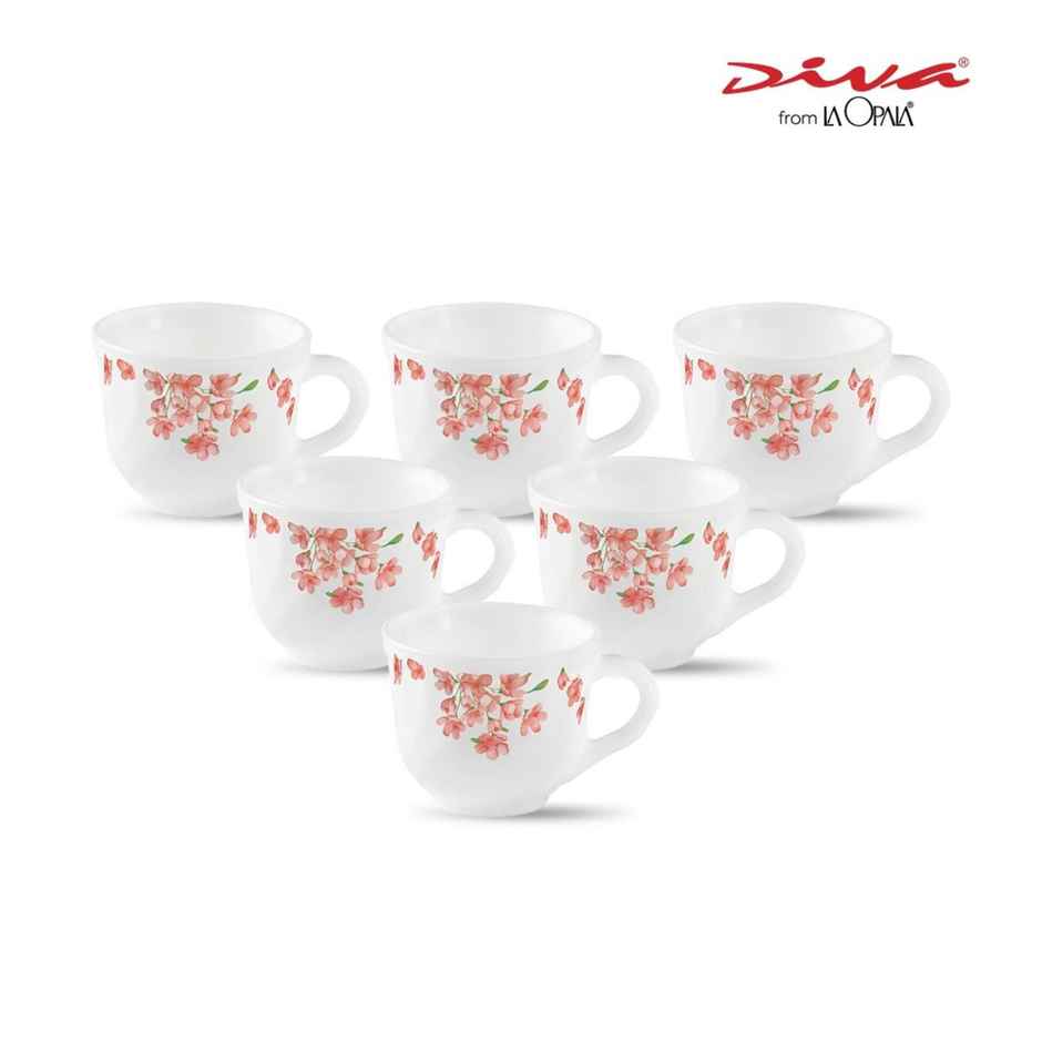 La Opala Diva Cup Set Tulip 160 ml Set of 6 Aster Pink Opal Glass Cups for Tea & Coffee, White