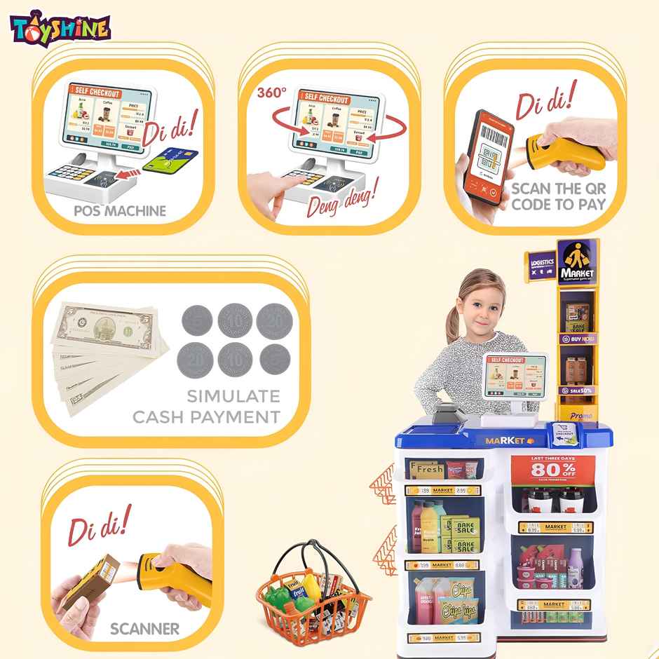 Toyshine 60Pc Supermarket Cash Register Playset With Scanner and Pretend Play Foods
