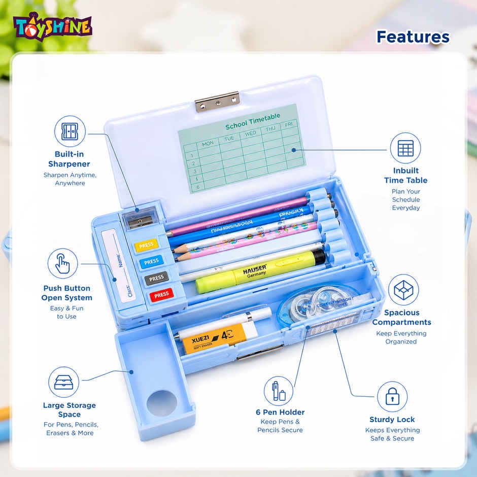 Toyshine Multi Compartment Button Operated Space Pencil Box with Pen Stand In-built For Kids - Blue
