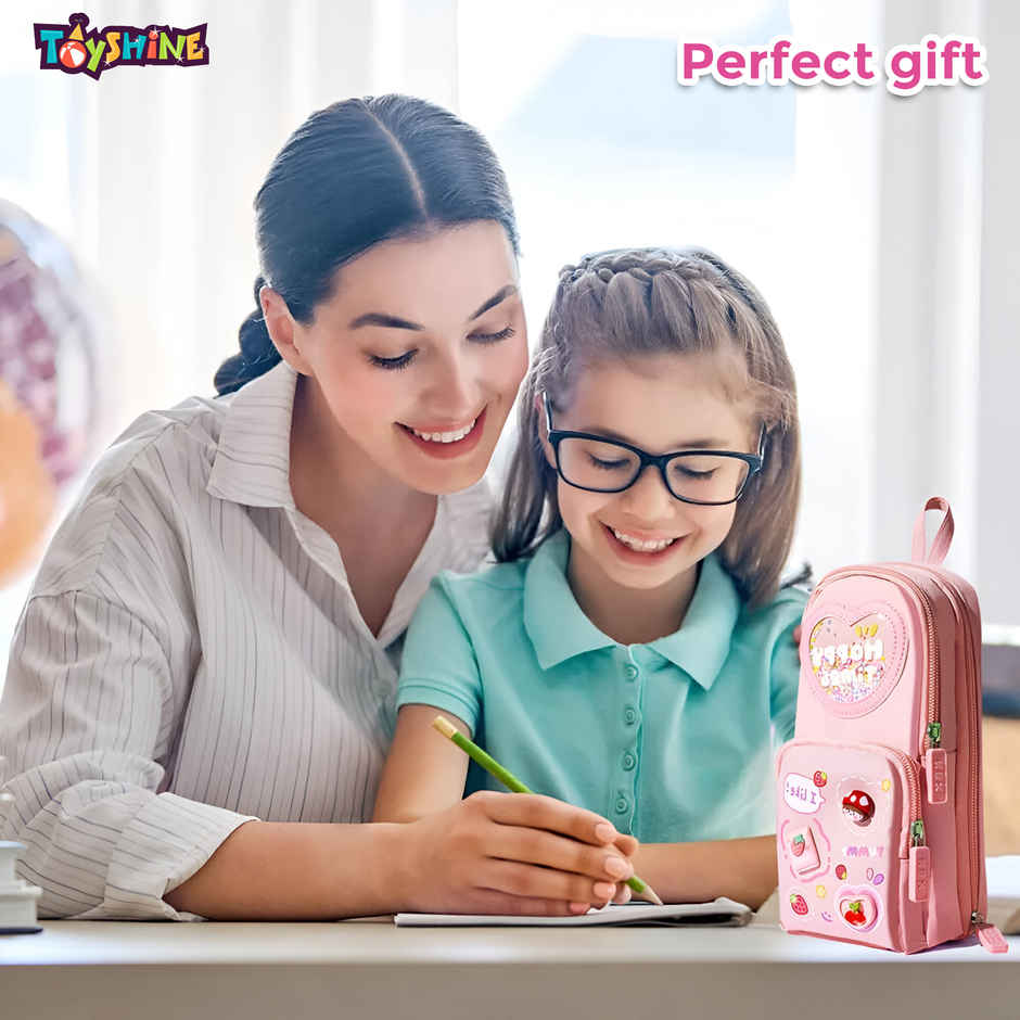 Toyshine 3 Layer Large Capacity Handheld Multifunctional Pencil Pouch for School Kids - Pink