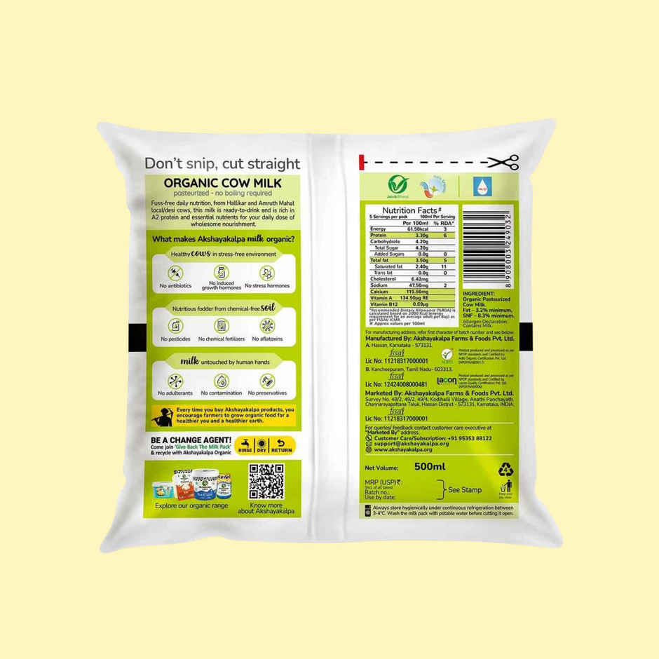 Akshayakalpa Amrutha A2 Pasteurized Organic Fresh Milk | Pouch
