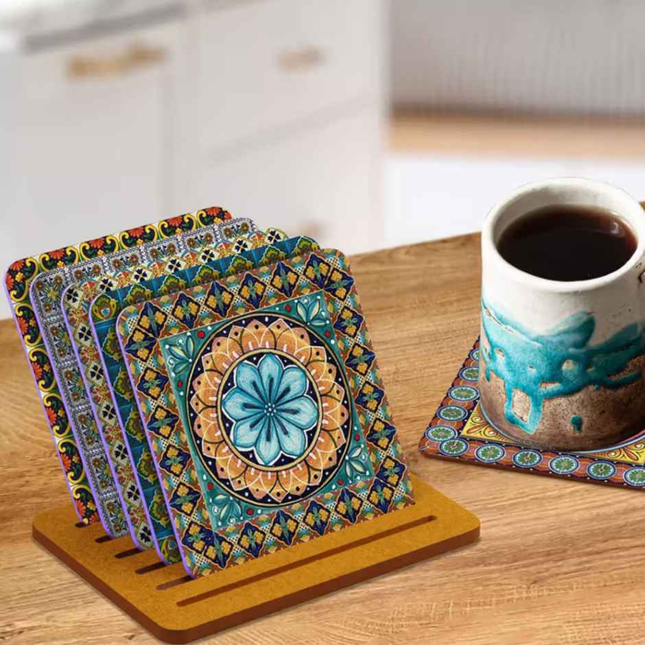 Itsy Bitsy Mdf Coasters With Stand Set of 6 4 x 4 Inch 1.9mm Thick 7 Pc Lb