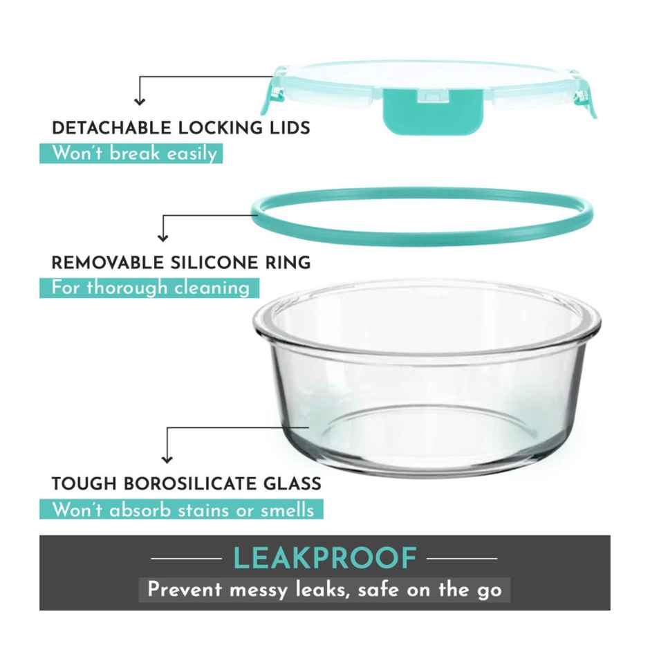 Magnus Glock 400 ml Round Green Container with Airtight Lid & Detachable Lock, Borosilicate Glass