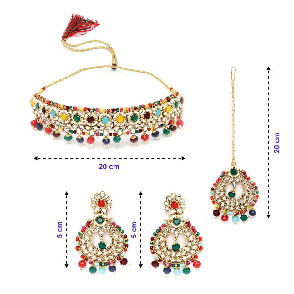 Sukkhi Fashionable Gold Plated Multi Kundan & Beads Studded Collar Necklace Set