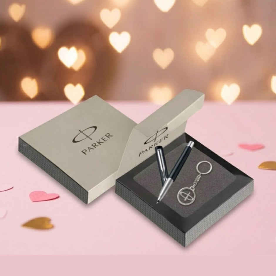 Parker Vector Standard Chrome Trim Roller Ball Pen with Silver Key Chain Gift Set | Ink Color- Black