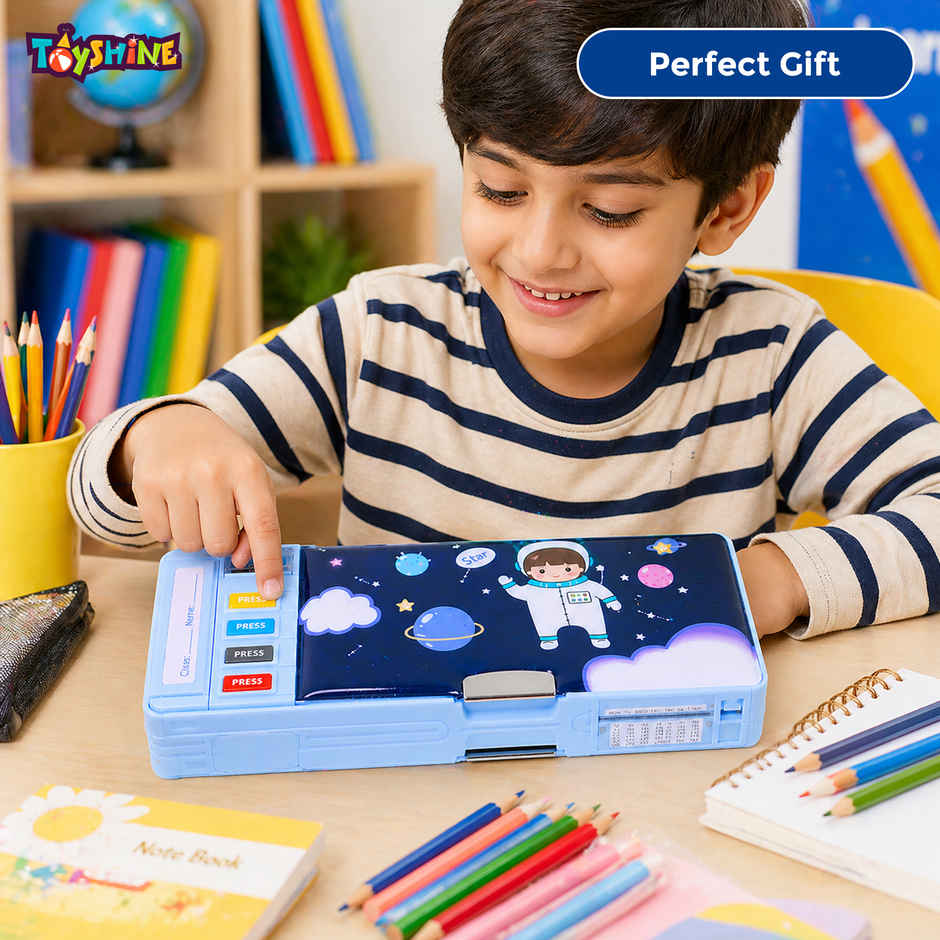 Toyshine Multi Compartment Button Operated Space Pencil Box with Pen Stand In-built For Kids - Blue