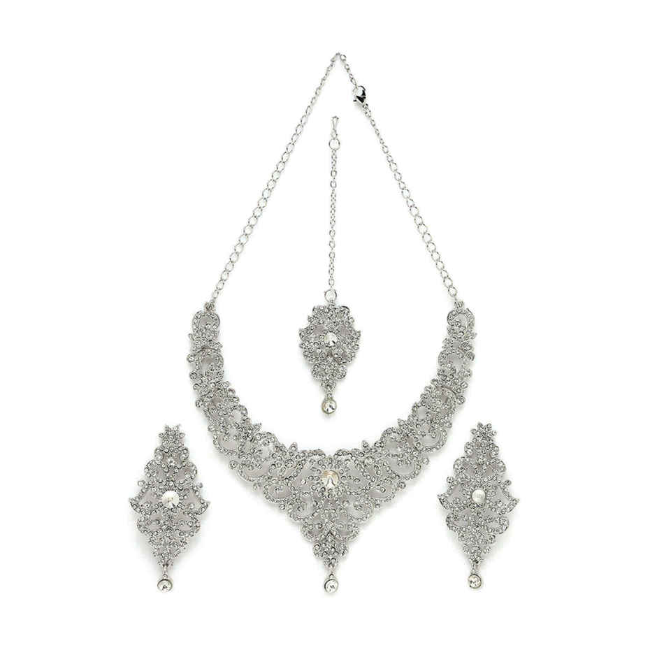 Sukkhi High-Fashion Rhodium Plated Silver Stone Studded Floral Choker Necklace Set