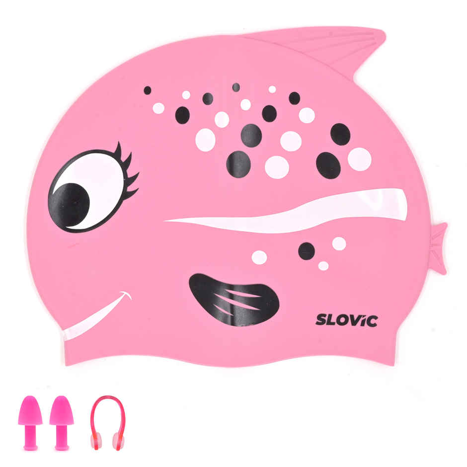 Slovic Kids Swimming Cap - Fish Design (Red Rose), Soft Stretchable Waterproof Swim Cap