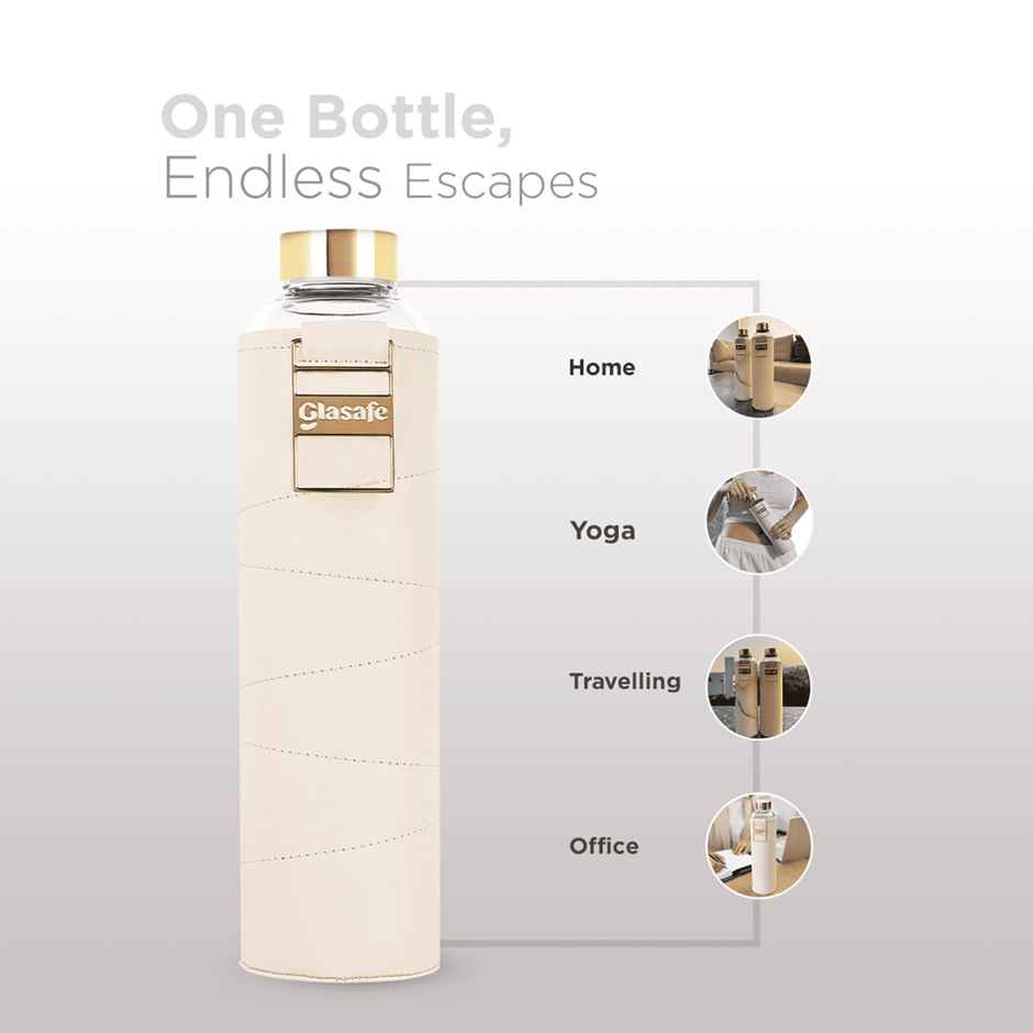 Glasafe Vego Sip Borosilicate Glass Bottle With Protective Vegan Sleeve | Bare Beige 750 ml