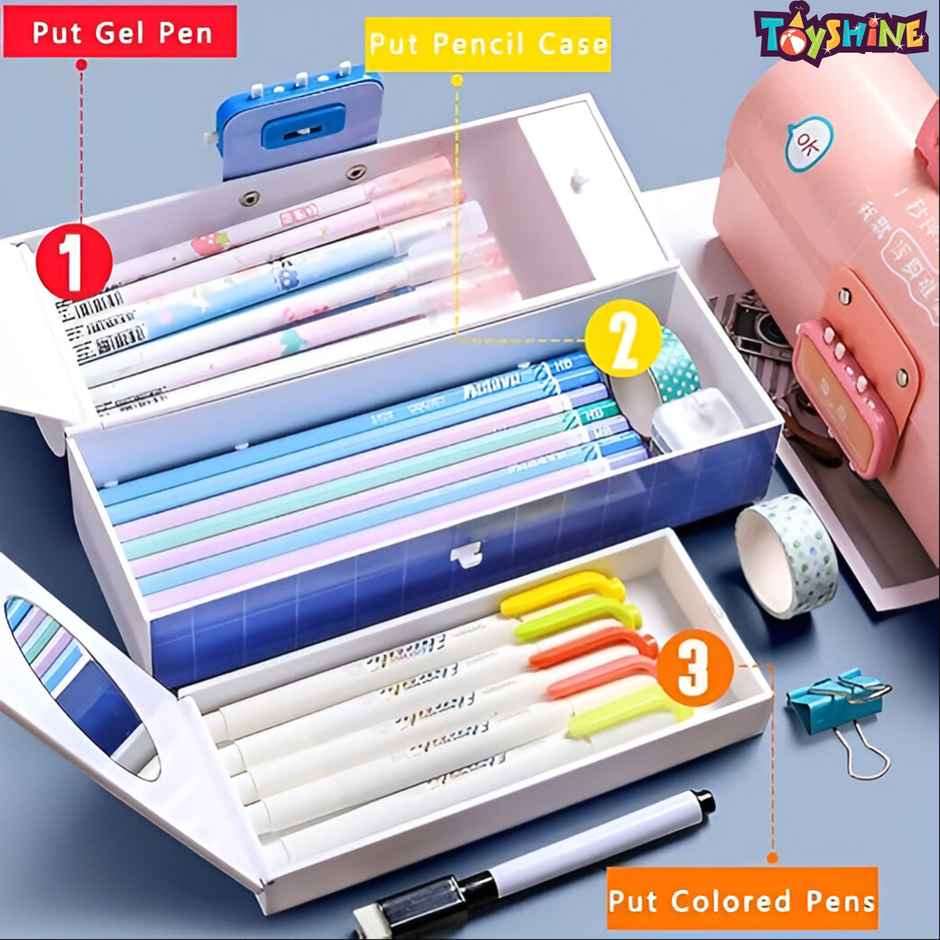 Toyshine Pencil Box with Code Lock Pen Case | Large Capacity | Multi-layer | Dino - Multicolor