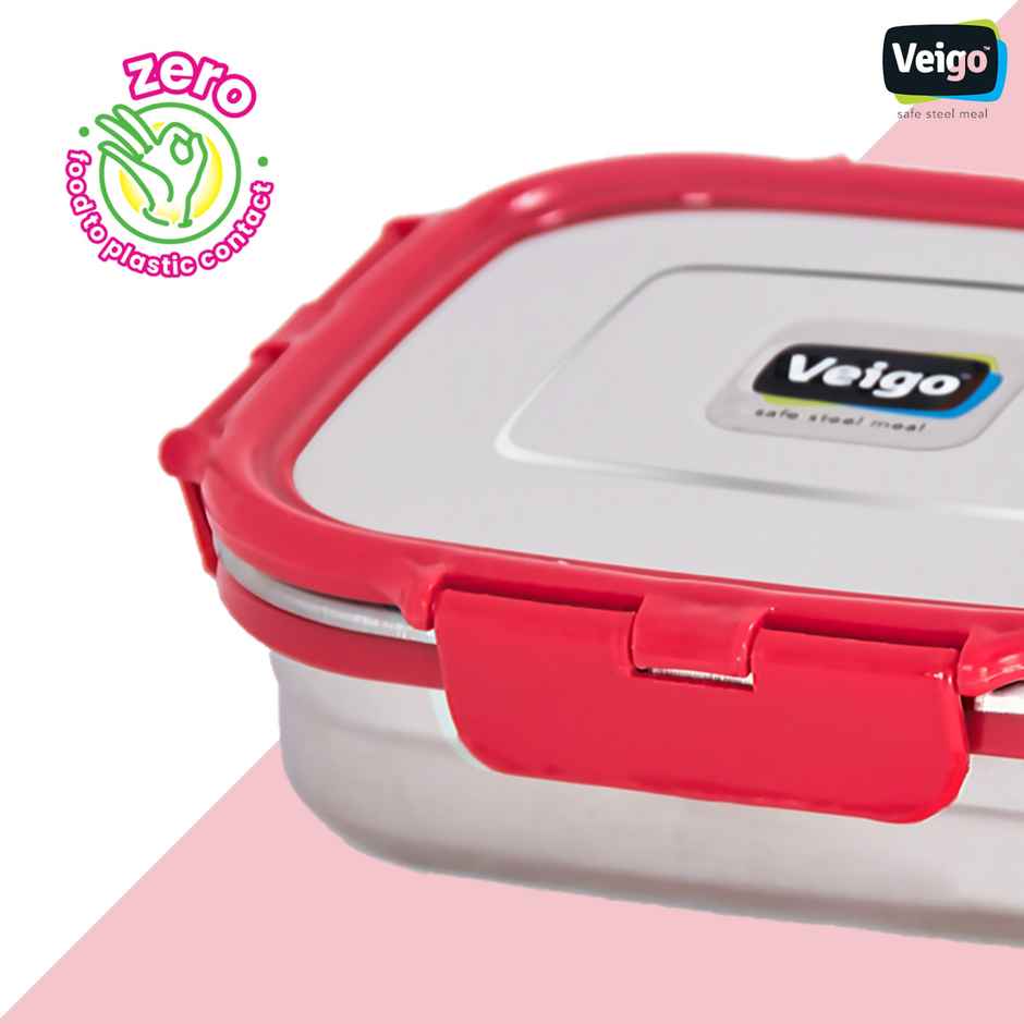 Veigo Large - Stainless Steel Leakproof Lunch Box | 630 ml Compact for Outdoors- Red