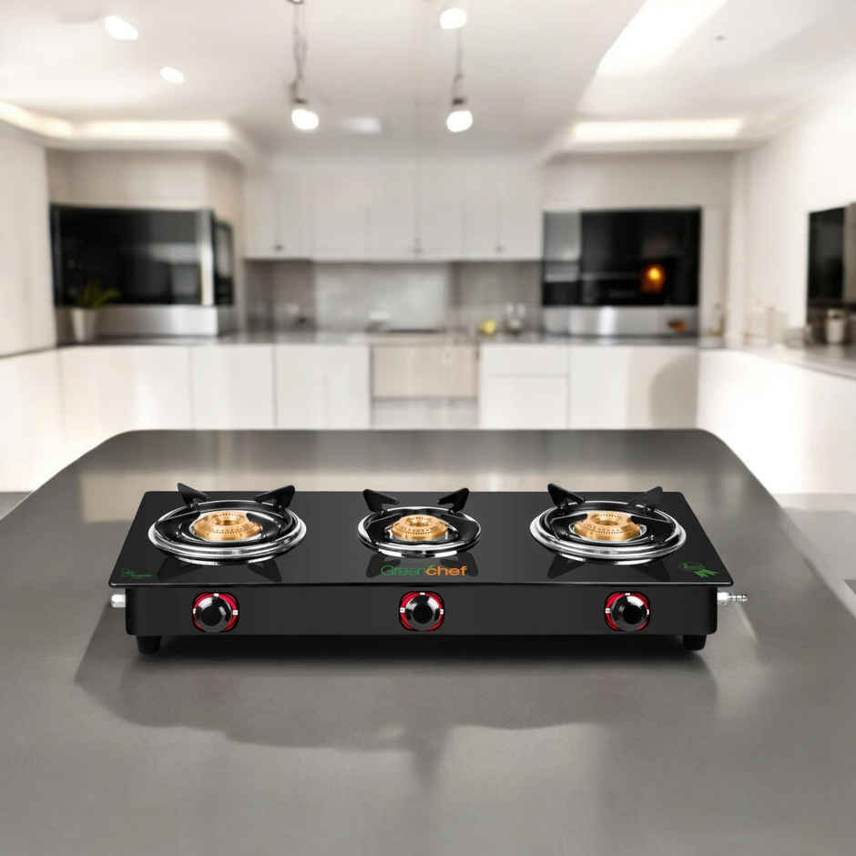Greenchef Elon Glass Top Gas Stove | Black | Manual Ignition | 3 Burner