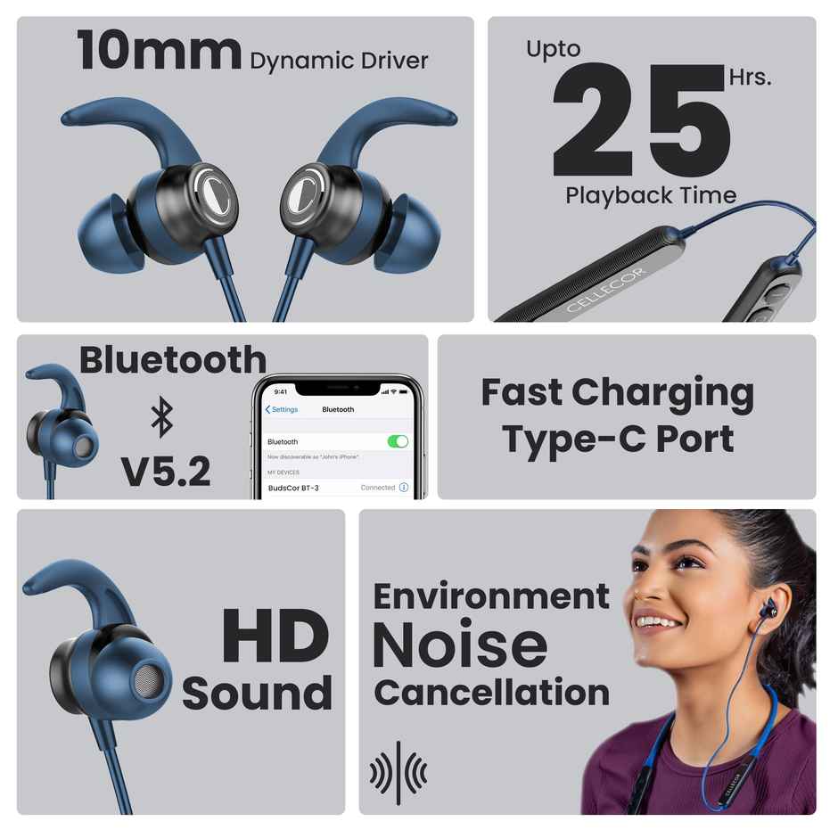 Cellecor Bt - 3 Wireless Bluetooth Earphone Neckband Magnetic Earbuds Blue