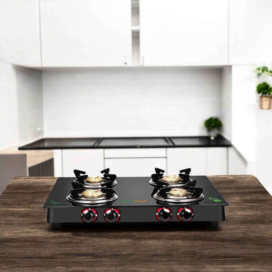 Greenchef Elon Glass Top Gas Stove | Black | Manual Ignition | 4 Burner