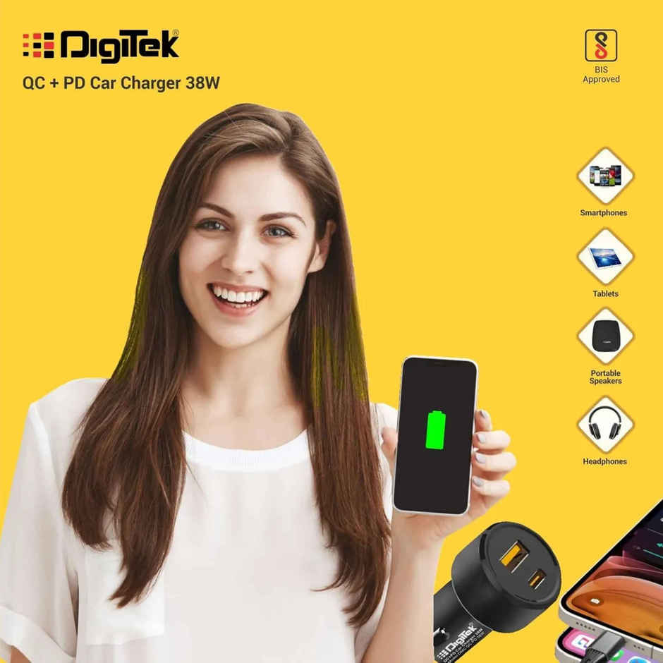 Digitek (Dmc Qc Pd 38W) Fast Car Charger With Dual 38 Watts Total (18W Qc + 20W Type C Pd) (Black)