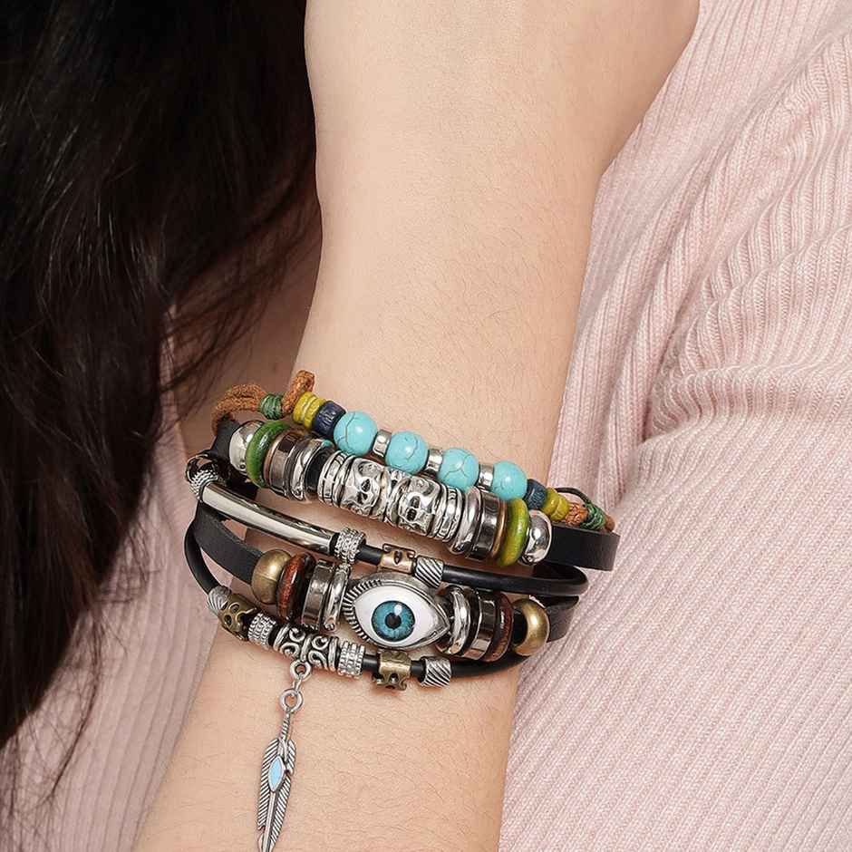 Sohi Men Black Blue Evil Eye Layered Bracelet
