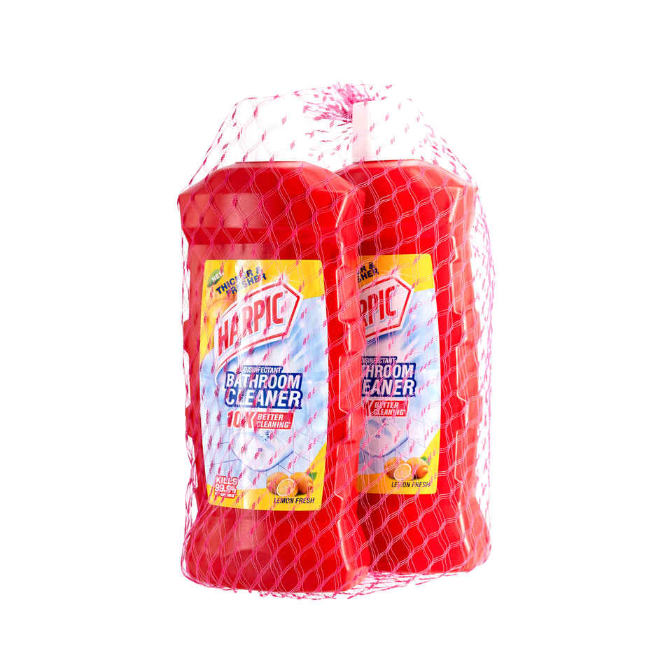 Harpic Bathroom Cleaner Liquid - Lemon, Removes Bathroom Stains(2l) & Gebi Sparkle Plus A Star Double Hockey Toilet Brush (Assorted)(1pc) Combo