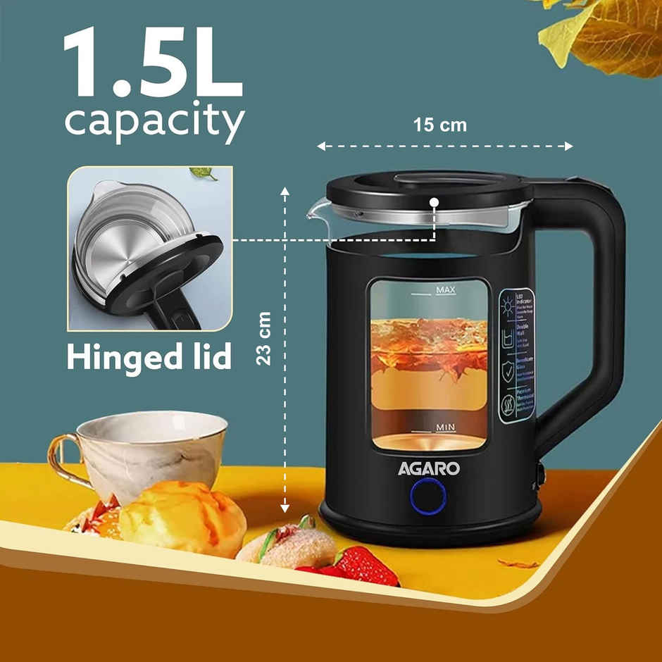 Agaro Galaxy Electric Kettle With Keep Warm Function Free Pp Plastic & Glass Body Bicolor Led, 1.5L