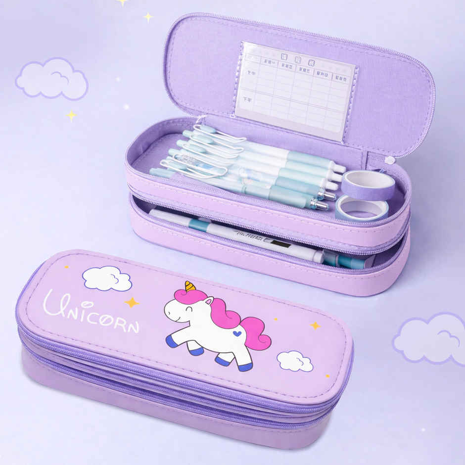Toyshine Unicorn 2 Layer Large Capacity Pencil Pouch Handheld | Purple