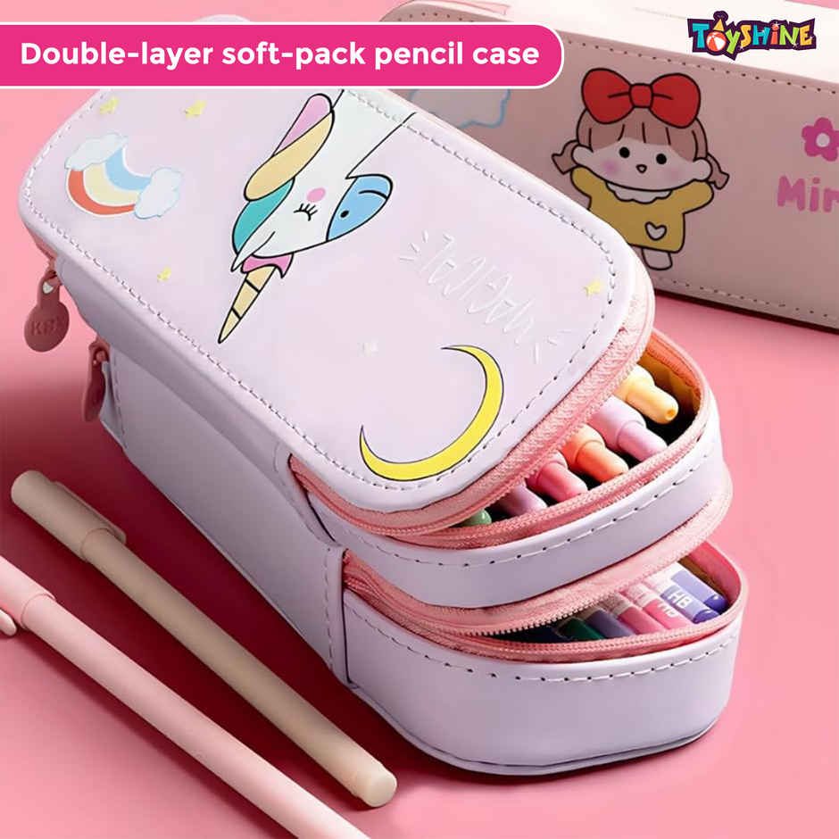 Toyshine Unicorn 2 Layer Large Capacity Pencil Pouch Handheld | Pink
