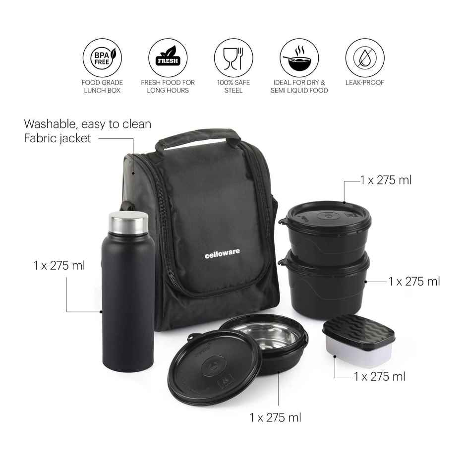 Cello MF All in One Lunch Box 5 with Bag, Black | 3 Containers Steel, 1 Pickle Box and 1 Bottle