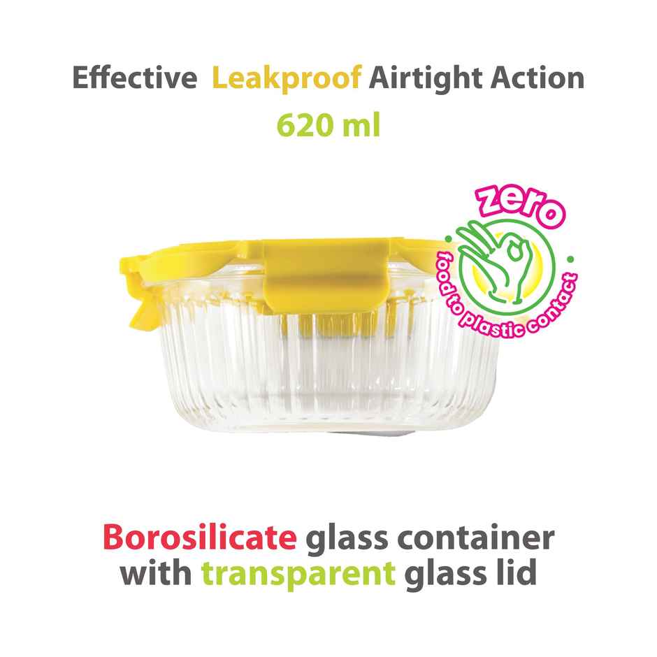 Veigo See & Serve - Oven Safe Glass Container + Innovative Tempered Glass Lid (620 ml) Yellow