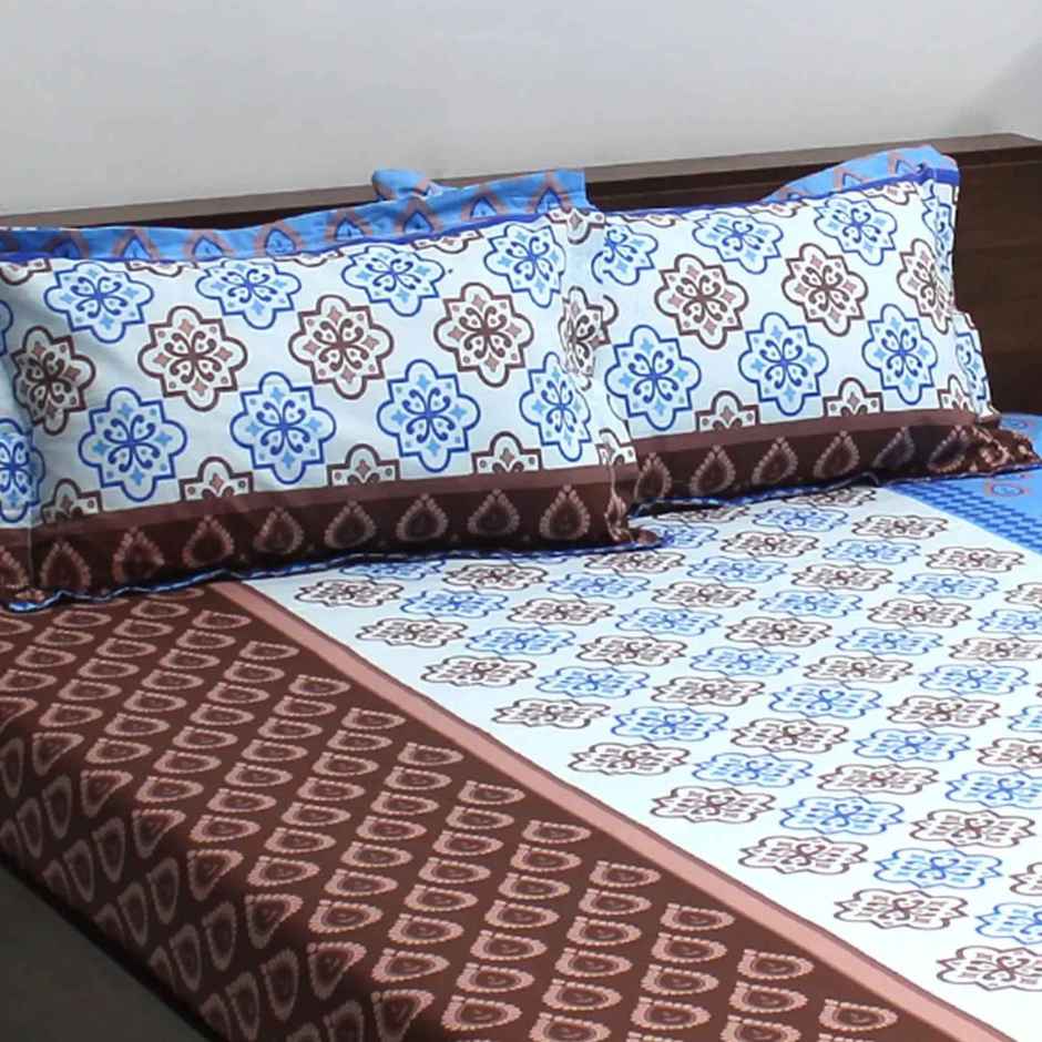 Bombay Dyeing Ivyrose 110 Tc 100% Cotton Queen Bedsheet With 2 Pillow Covers - Blue Brown