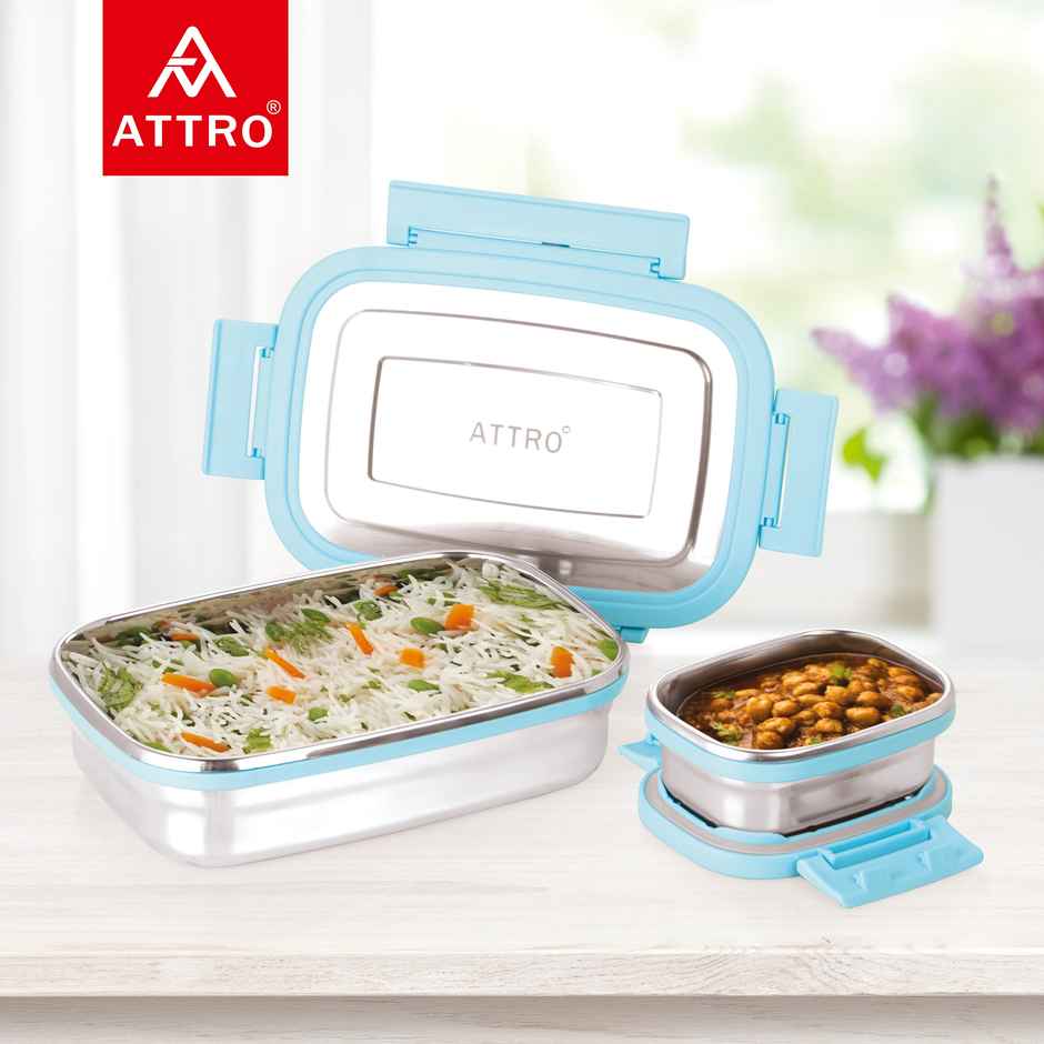 Attro Click Eat Junior Stainless Steel Lunch Box with 1 Small Box - 650 + 140 ml Sky Blue