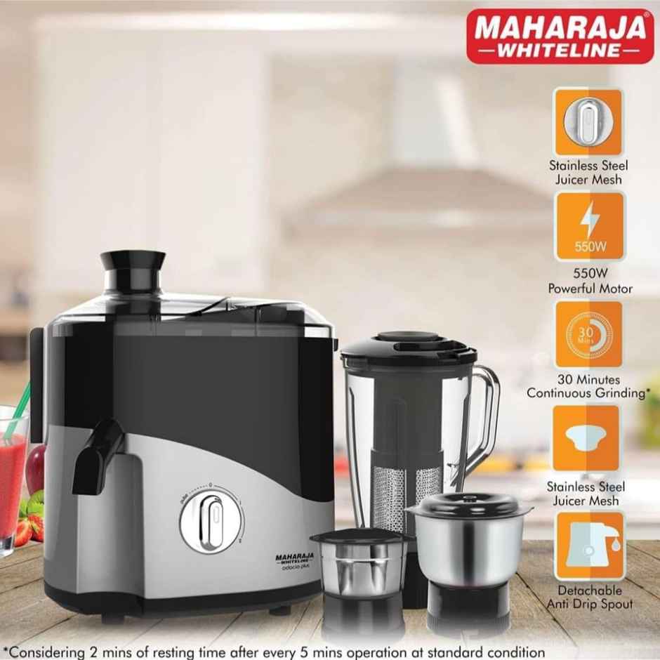 Maharaja Whiteline Odacio Plus Juicer Mixer Grinder, 550Watt, With 3 Versatile Jars - Black & Silver