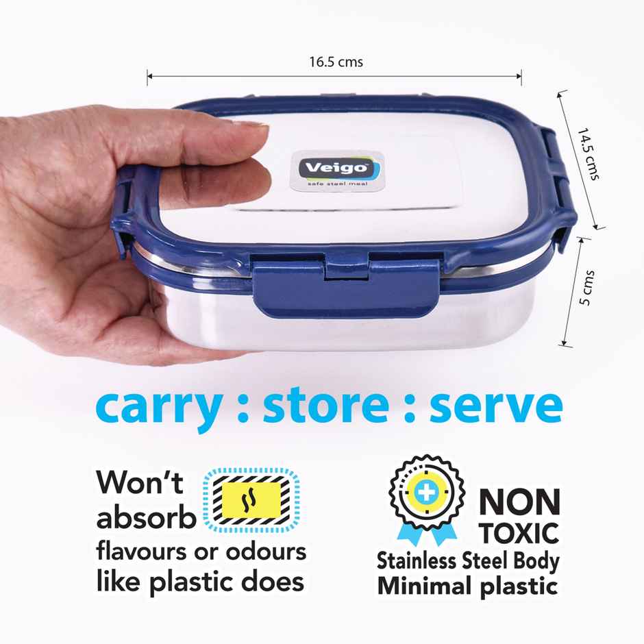 Veigo Large - Stainless Steel Leak Proof Tiffin Box (630 ml) Compact For Outdoors Navy Blue