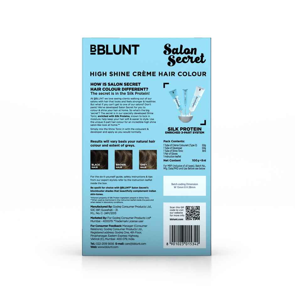 BBLUNT Salon Secret High Shine Creme Hair Colour Chocolate Dark Brown 3, No Ammonia