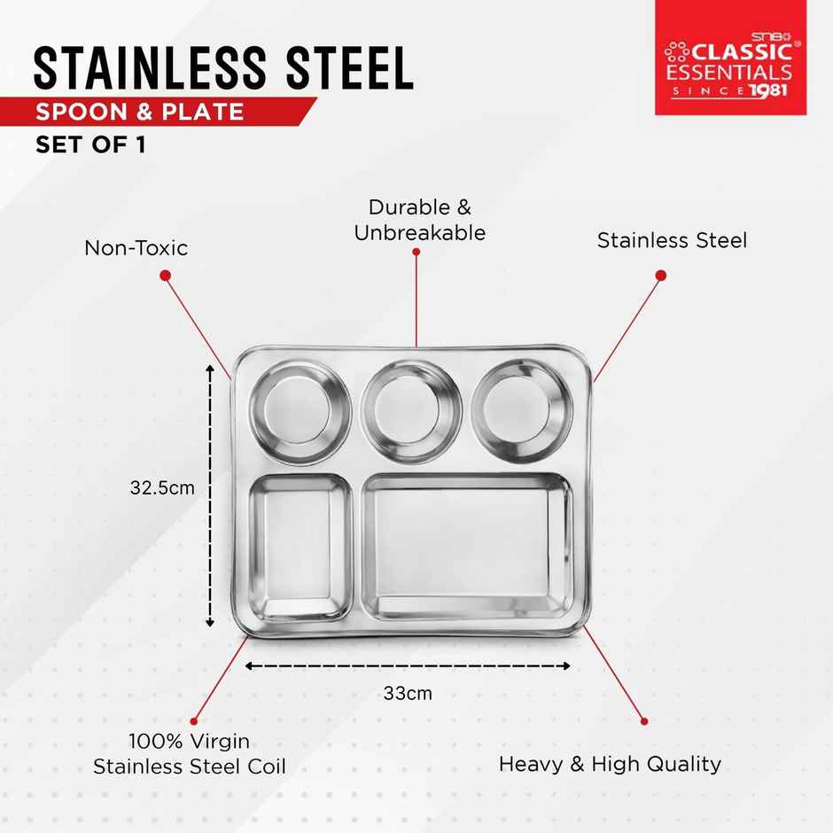 Classic Essentials Stainless Steel 5in1 Compartments Bhojan Thali/dinner Plate