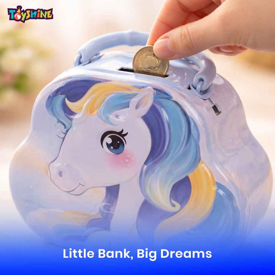 Toyshine Unicorn Metal Piggy Bank Lock and Key Kids Savings Box | Blue