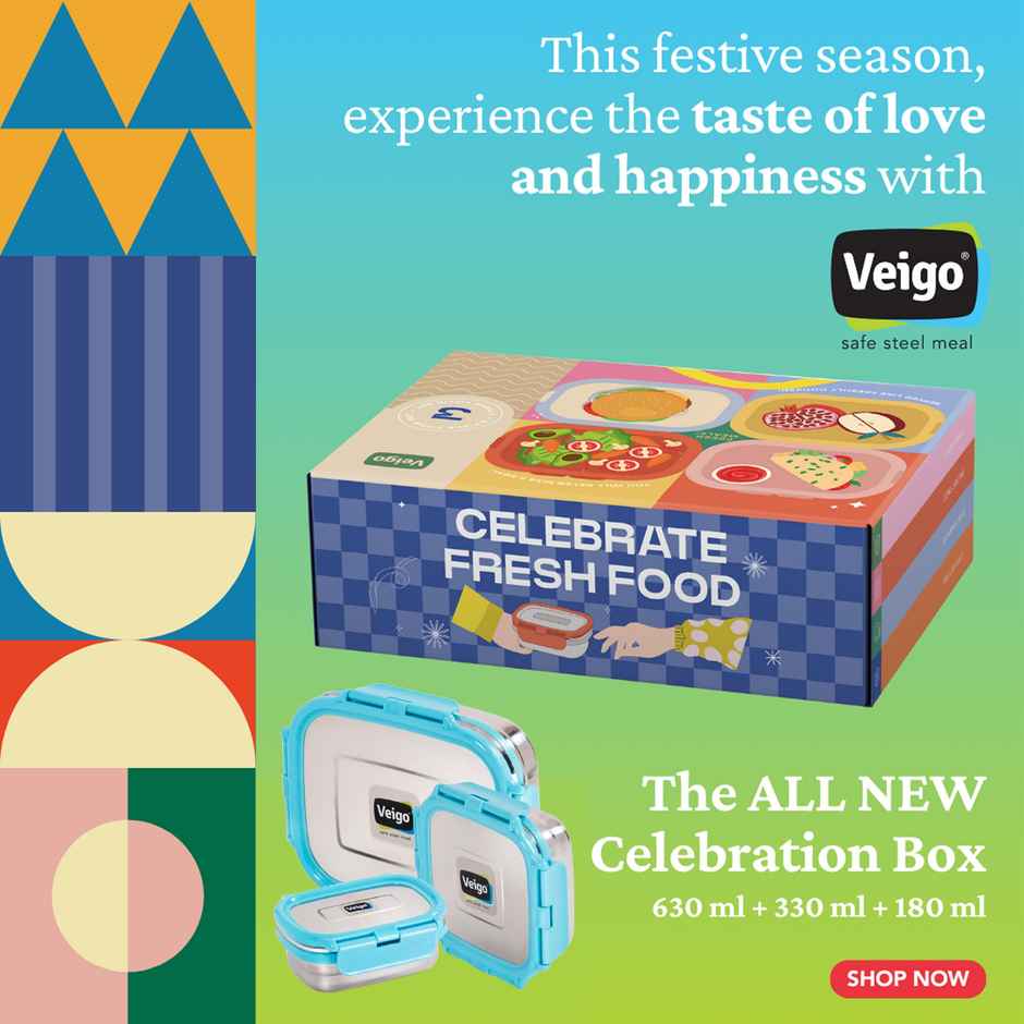 Veigo Ready to Gift Celebration Pack of 3 Leakproof Steel Lunchbox | 630+330+180 ml Aqua Blue