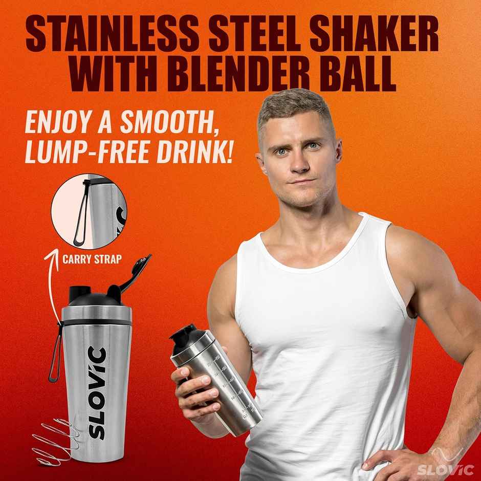 Slovic 750ml Stainless Steel Shaker Bottle for Gym with Leakproof Lid & Blender Ball - 100% BPA Free