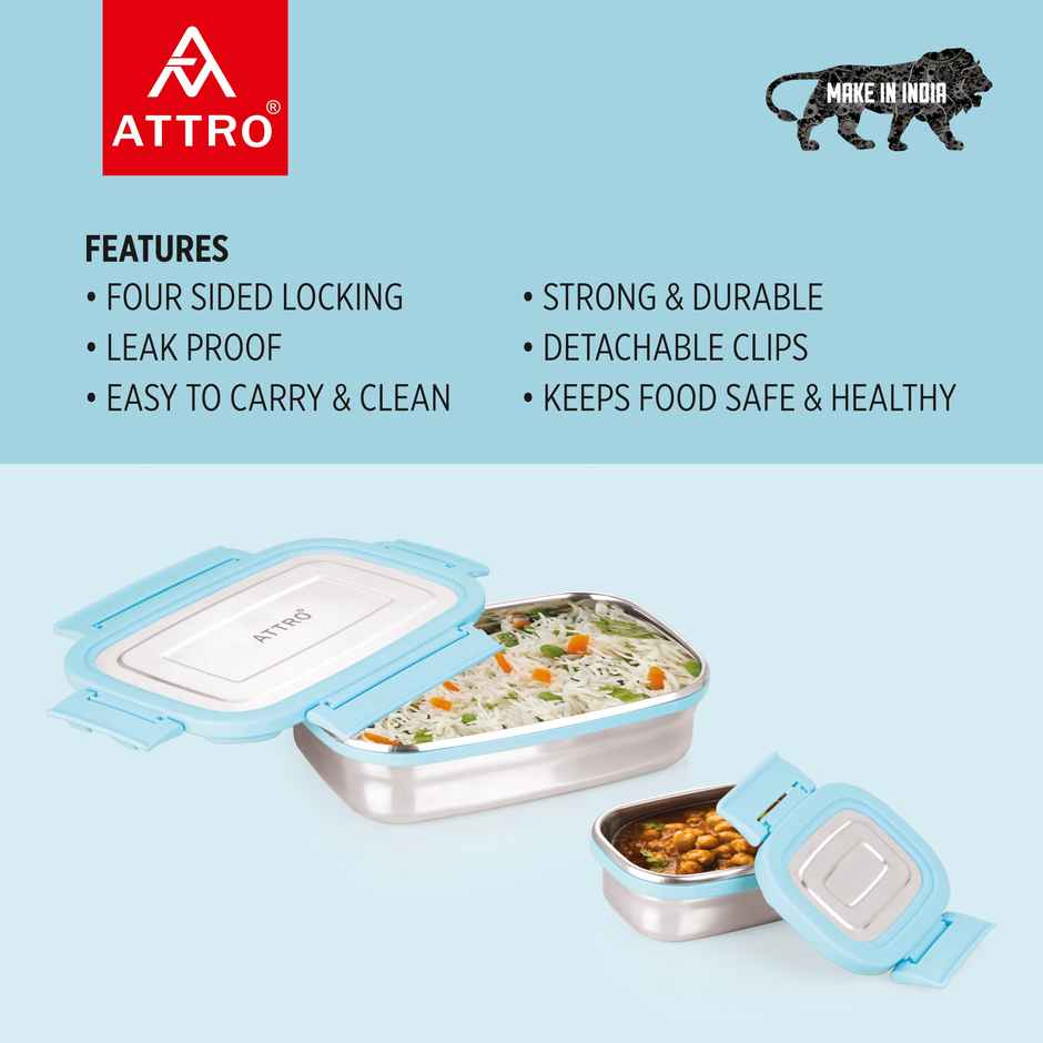 Attro Click Eat Junior Stainless Steel Lunch Box with 1 Small Box - 650 + 140 ml Sky Blue