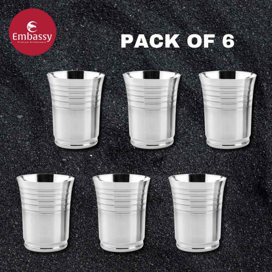 Embassy Glass Pack of 6, 300 ml (Y-Model), For Serving Water, Juice etc., Premium Stainless Steel