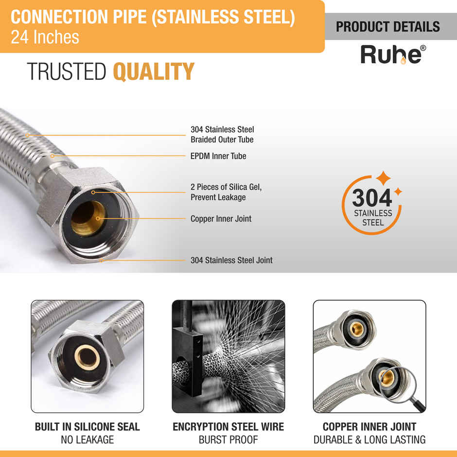 Ruhe Geyser Connection Pipe SS (24 Inches) (304 Grade) (Pack of 2)
