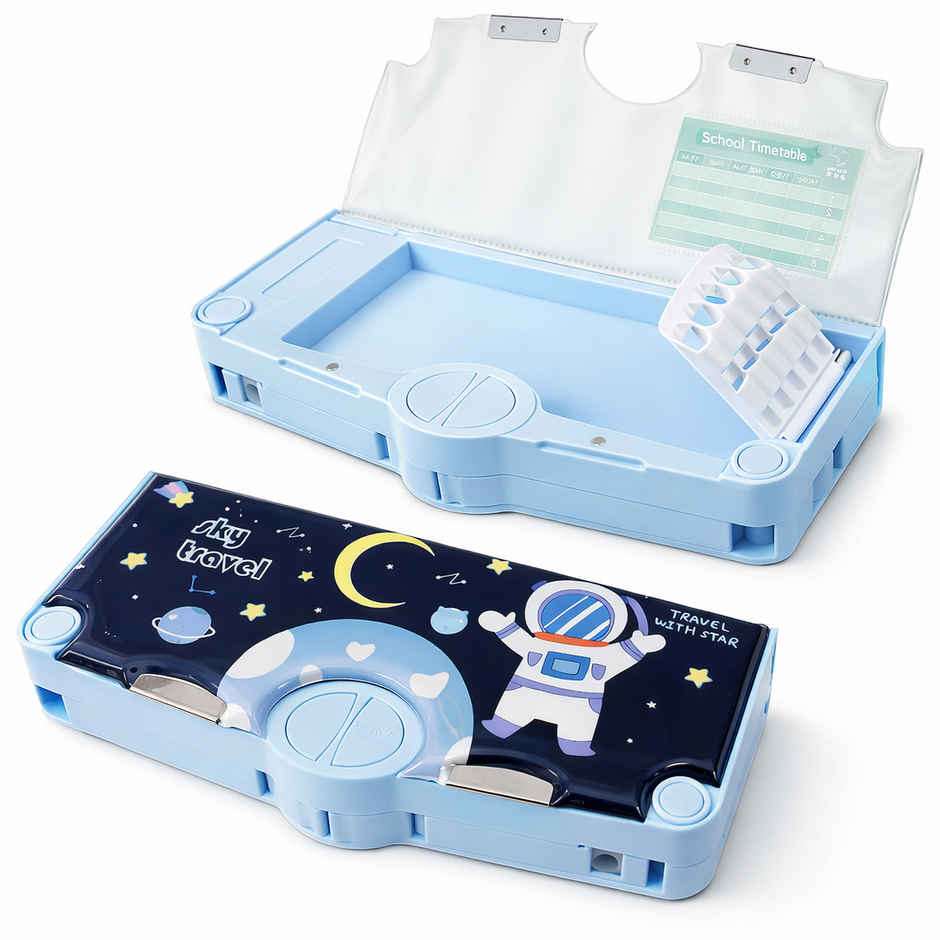 Toyshine Button Enabled Double Compartment Pencil Box-Storages and Sharpner For Kids - Space Blue