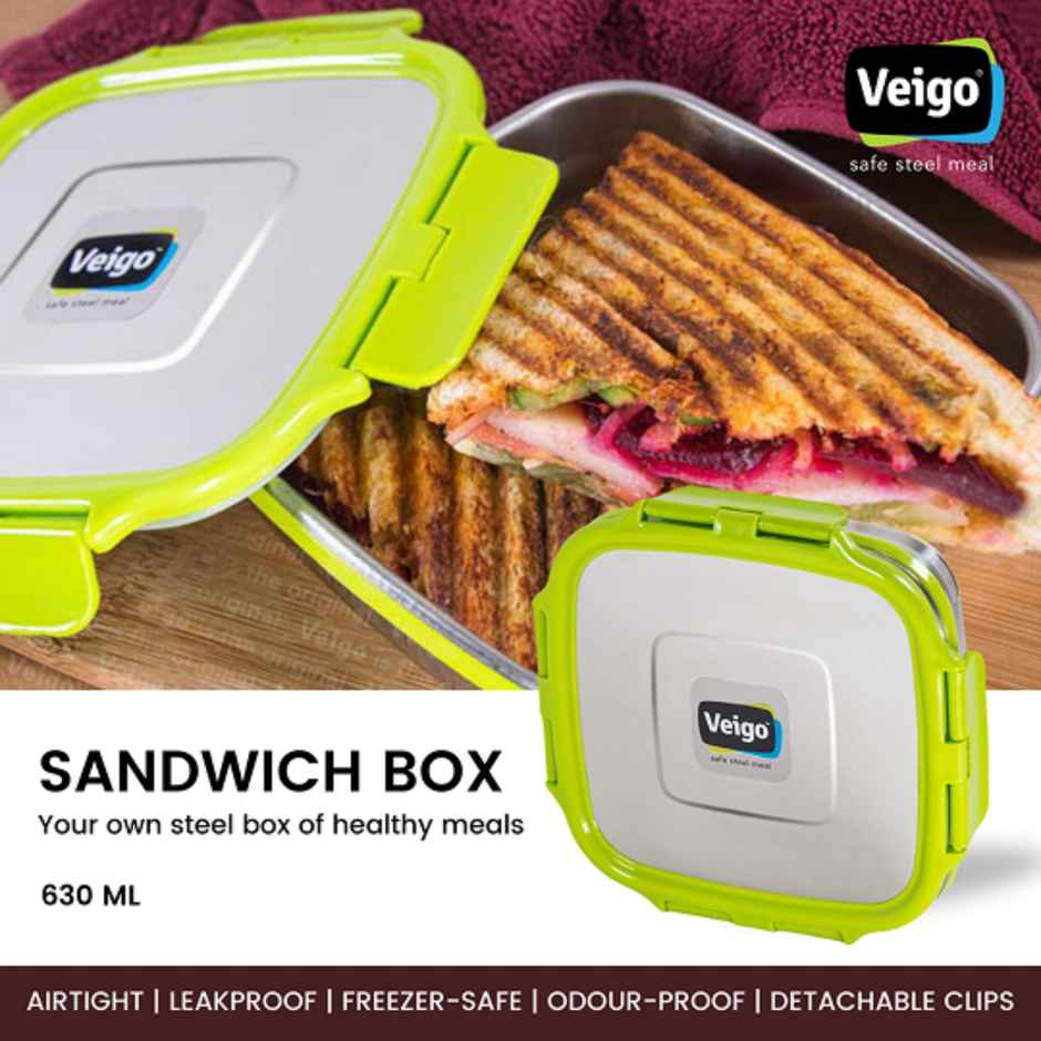 Veigo Sandwich - Stainless Steel Leak Proof Tiffin Box (630 ml) Compact Square Design - Green