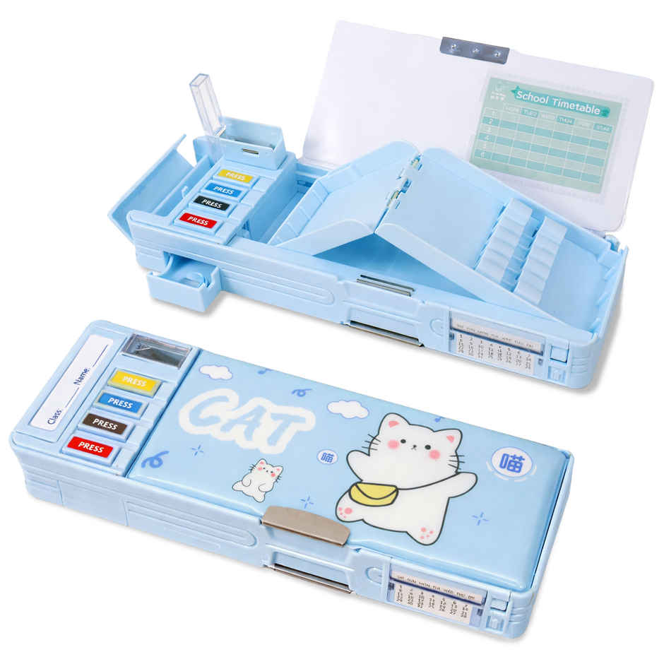 Toyshine Lovely Cat Button Operated Pencil Box with Sharpener & Pen Stand | Blue