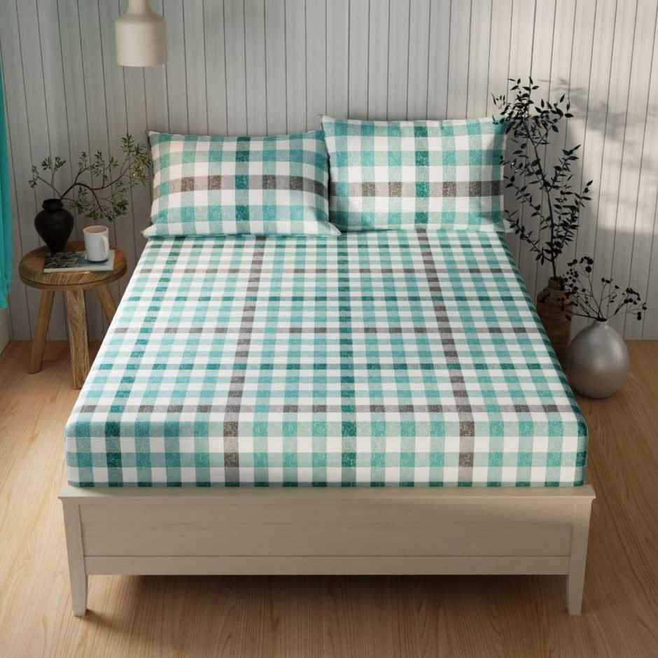 Kopa Extra Smooth Cotton Double Bedsheet With 2 Pillow Covers | Set of 3 | Lopez Checks | Teal