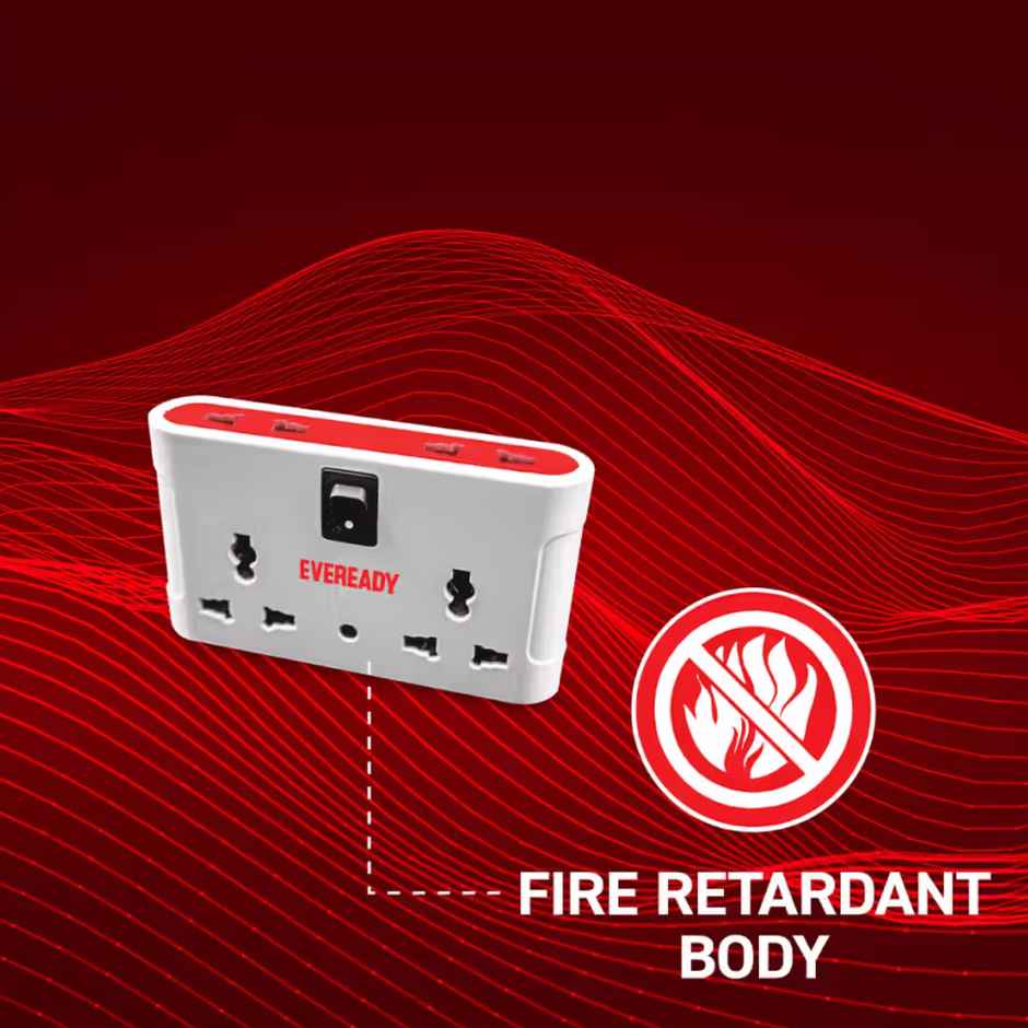 Eveready EverProtect Multiplug i4 With LED Indicator, Fire Retardant Body, 240V, 6A Max, (For Mobile Charging & 2 pin)  - 1 Pcs