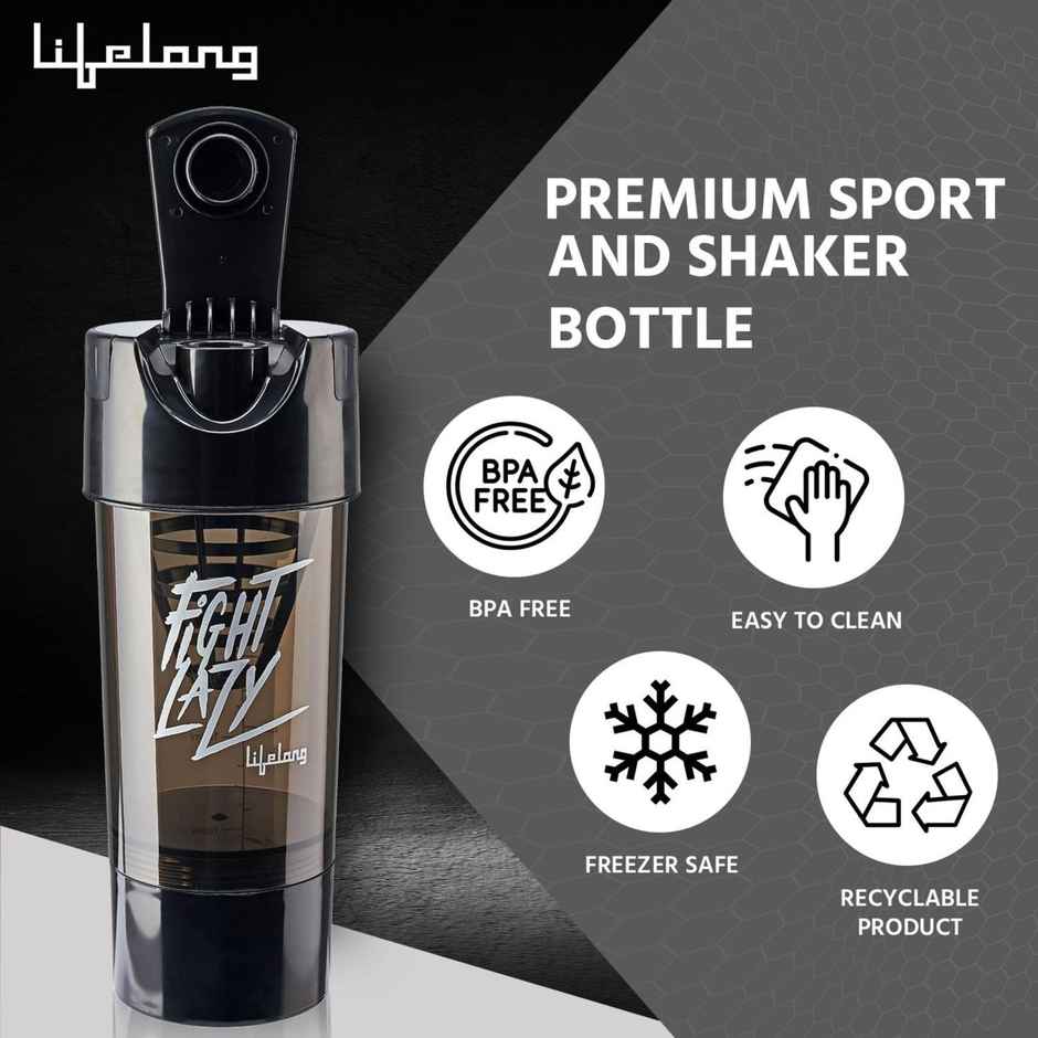 Lifelong Protein Shaker With Extra Compartment Bpa Free Sipper Bottle|500Ml | Llshb02 Black Plastic