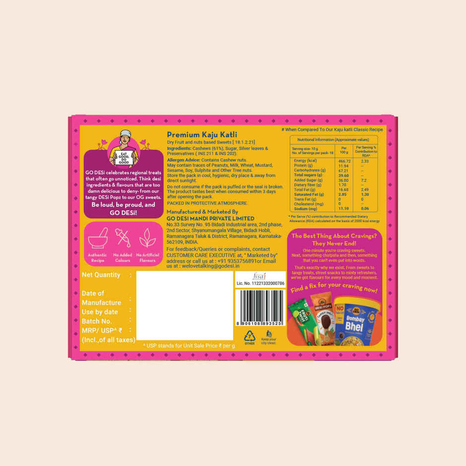 GO DESi Premium Kaju Katli | 61% Cahews | More Cashew, Less Sugar