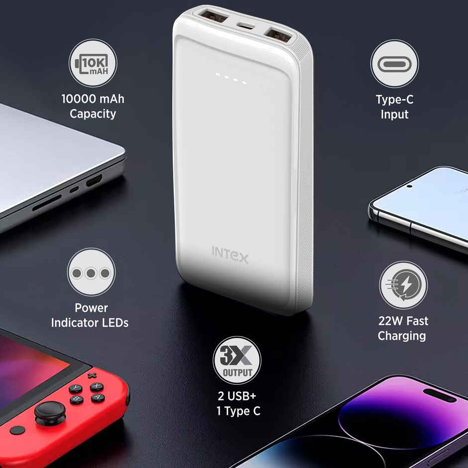 Intex 10000 mAh 22 W Power Bank (White, Lithium Polymer, Fast Charging for Mobile)