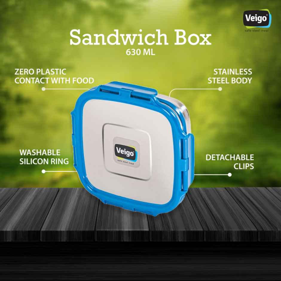 Veigo Sandwich- Stainless Steel Leakproof Lunch Box Square | 630 ml Compact for Outdoors- Dark Blue