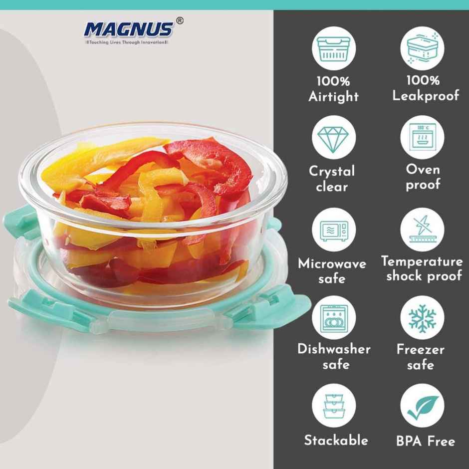 Magnus Glock 400 ml Round Green Container with Airtight Lid & Detachable Lock, Borosilicate Glass
