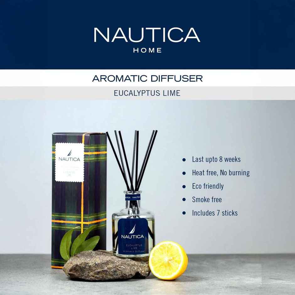 Nautica 100% Natural Aroma Oil Diffuser Set With 7 Reeds 1pc 150 ml Size Eucalyptus Lime-Natural