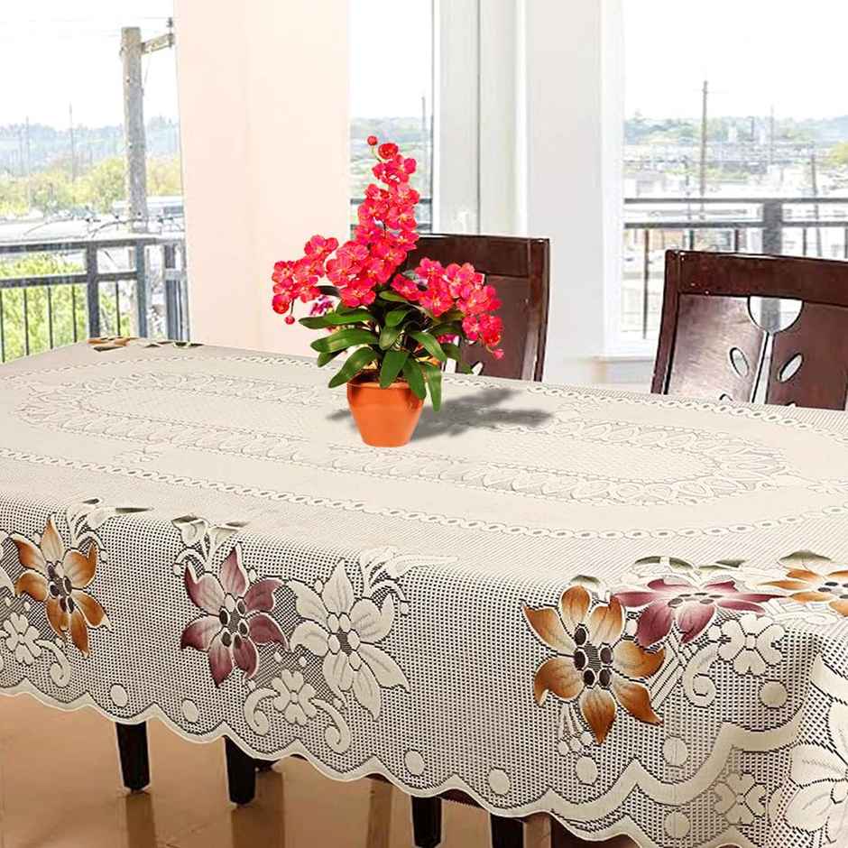 Kuber Industries Floral Cotton 6 Seater Dinning Rectangular Table Cover - Cream (CTKTC03517)